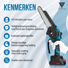 Vesto® Mini kettingzaag – Draadloos Inclusief 2 Led-Accu's – Heggenschaar Accu - Elektrisch Handkettingzaag - Snoeizaag - Takkenzaag - Handzaag - Boomzaag