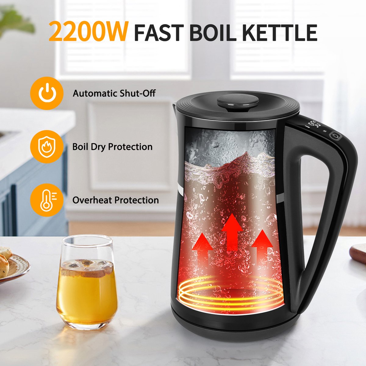 Waterkoker met temperatuurregeling - met LED - 1.7L - 2200W - Zwart