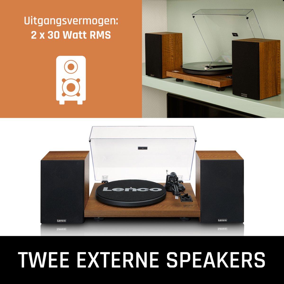 Lenco Platenspeler met Bluetooth - Twee externe Speakers - Ingebouwde Versterker - LS-480WD - Hout