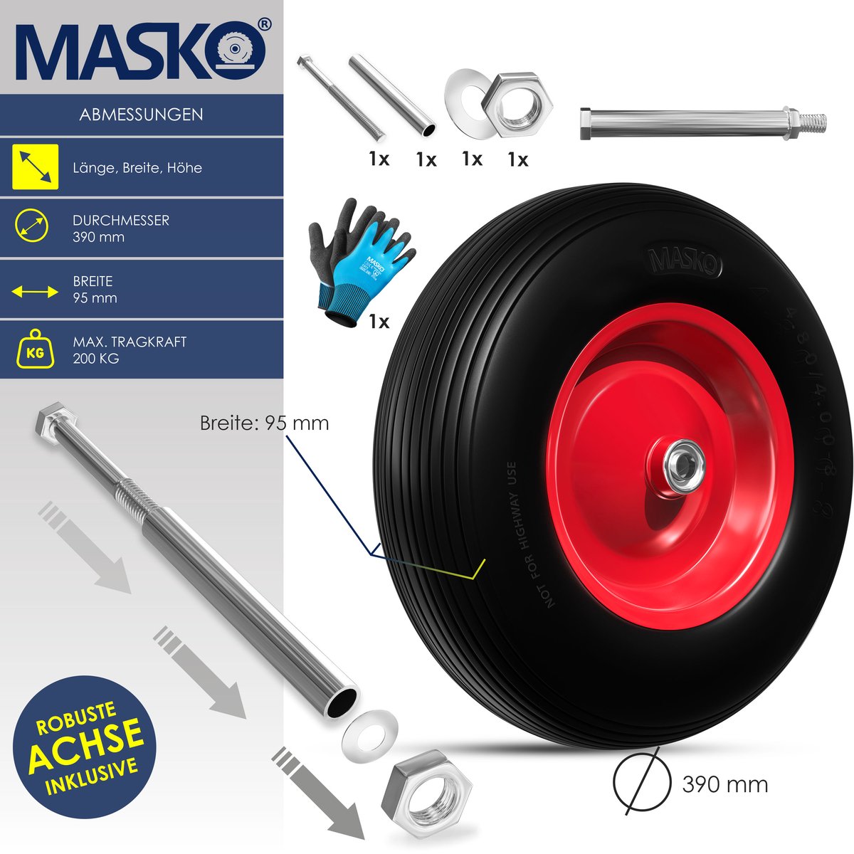 MASKO® Kruiwagenwiel Massief - 4.80/4.00-8 Ø 390mm - Zwart