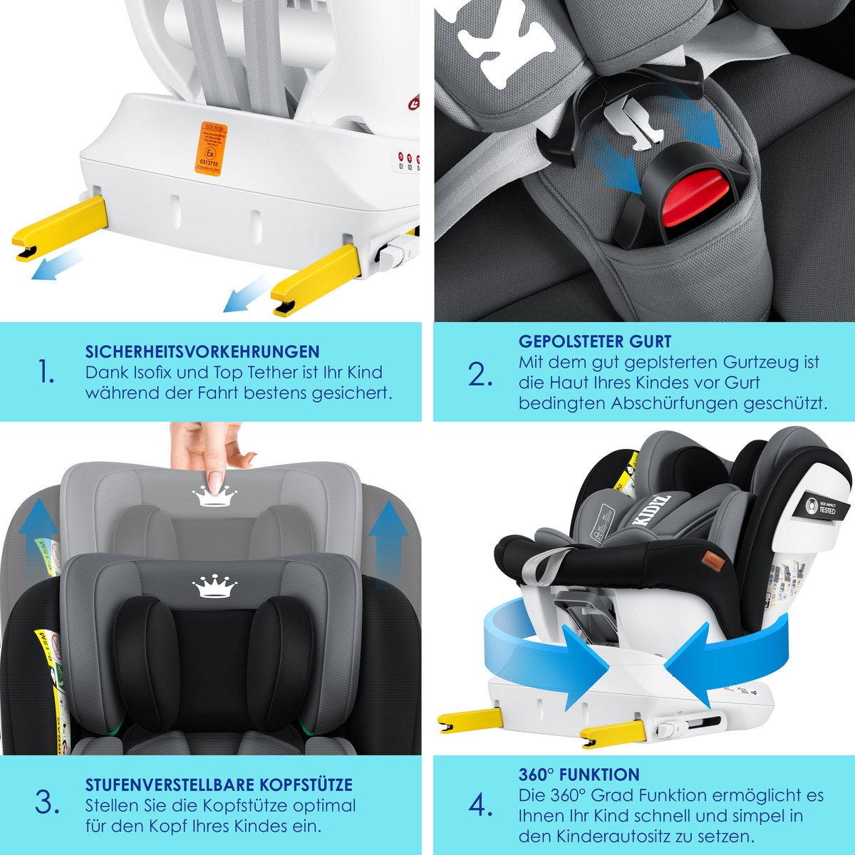 KIDIZ® Autostoeltje Isofix - 360° draaibaar - Zwart