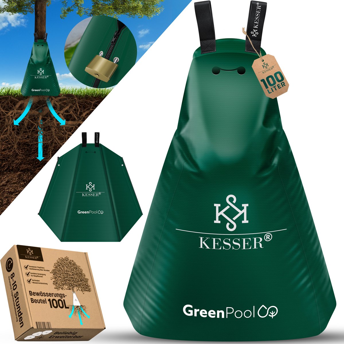 KESSER® Waterzak Boom - Druppelirrigatie - Druppelsysteem Boom - Irrigatiesysteem vor Bomen Bewateringssysteem - Waterzak voor bomen – UV-bestendig – Uitbreidbaar