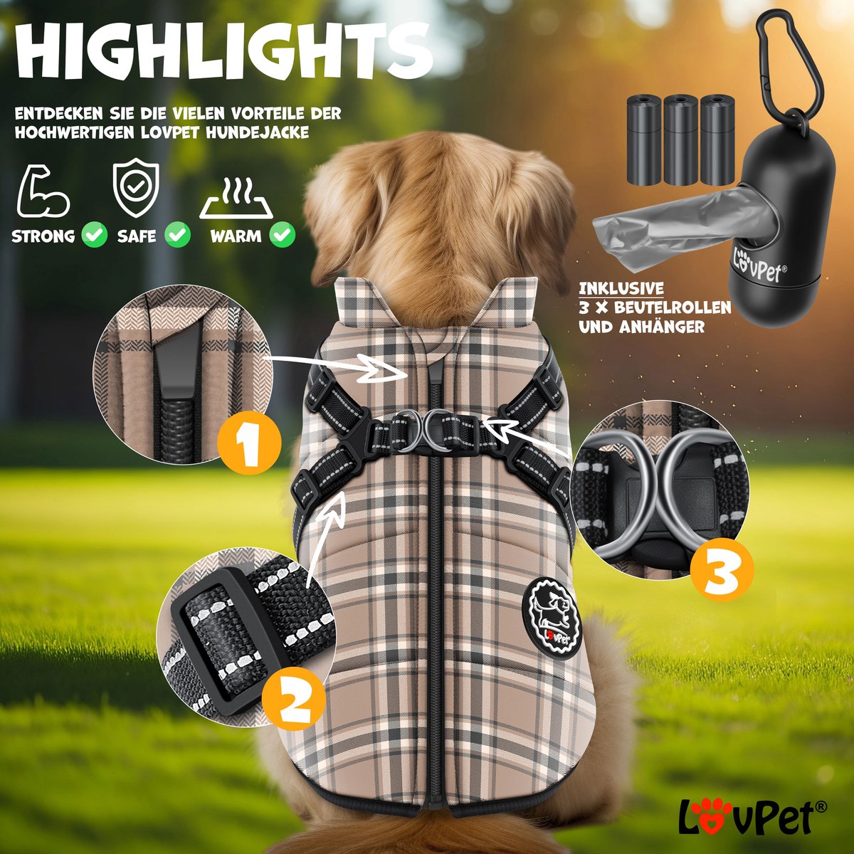 LOVPET® Hondenjas Hondenvacht met Harnas Waterafstotend, incl. 45 Stuks Poepzak + Dispenser, Winter Vest Hond Waterdicht Gevoerd, Gewatteerd Vest Met Borstband, Reflectoren, D-Ring - Beige / XL