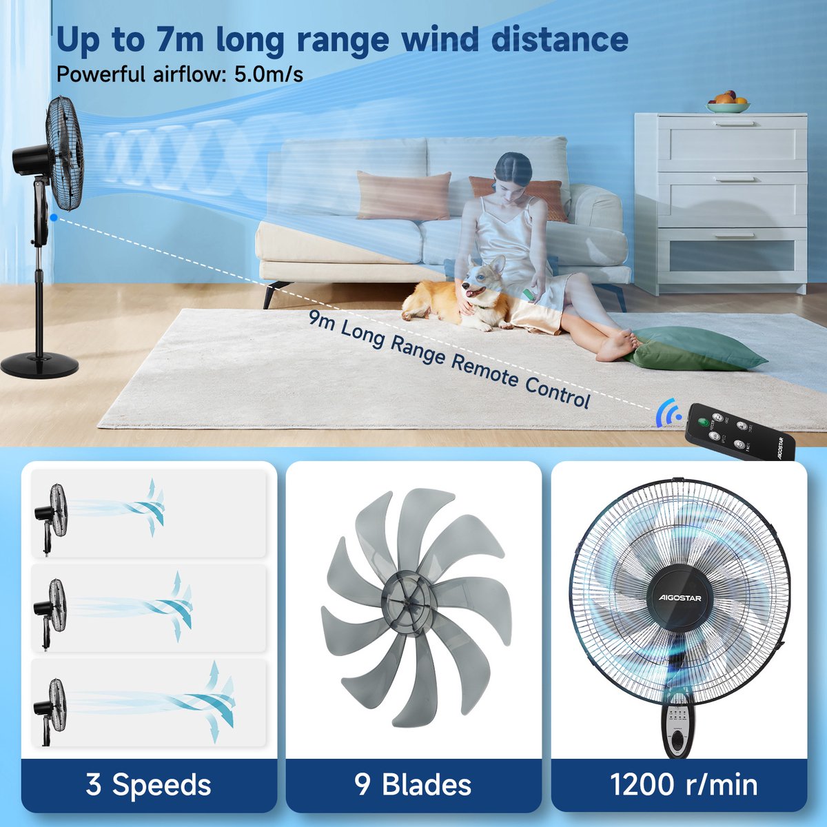 Aigostar Carr - Statiefventilator - 9 bladen - Ventilator Staand - Afstandsbediening - Ø 41cm - 60W - Staande Ventilator - Zwart