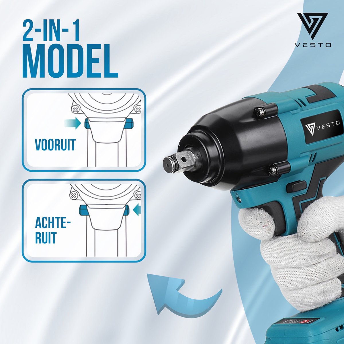 Vesto® Accu Slagmoersleutel 21V - incl. 6x Moerdoppen, Bitadapter, Borging en 2x Accu - 600Nm - Slagmoersleutelset - Slagmoersleutel met accu - Elektrisch - Slagschroevendraaier - Wieldoppen