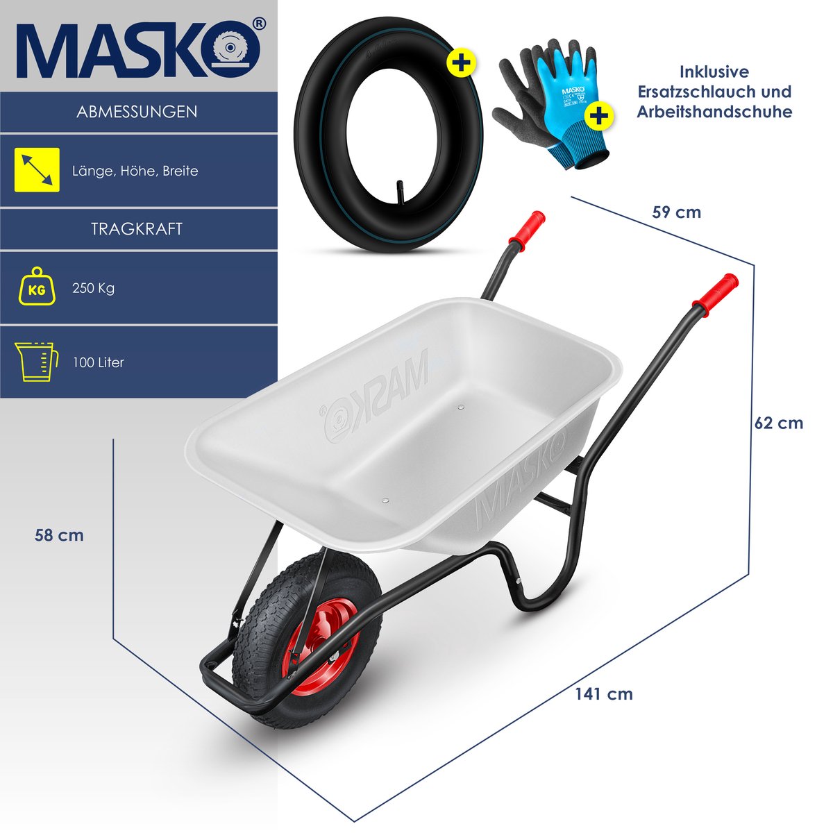 MASKO® Kruiwagen - 100L - Tot 250kg - Zilver