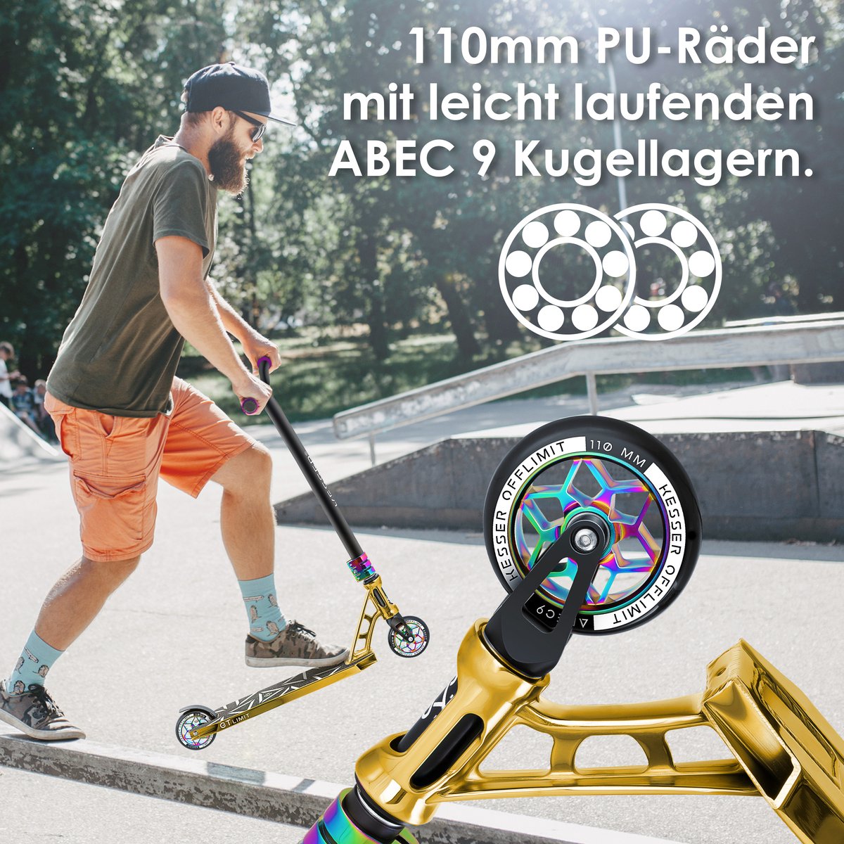 KESSER® Stuntstep GT-Limit 360° voor Volwassenen en Kinderen - Step met Standaard ABEC 9 Kogellagers, 110 mm PU Wielen Stunt Scooter - Goud