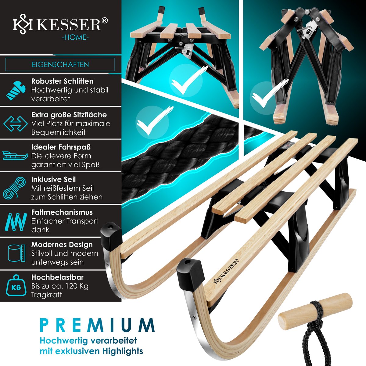 KESSER® Houten slee Premium slee Opvouwbare kinderslee van beukenhout incl. trektouw Slider Metalen lopers - Houten slee, Zwart