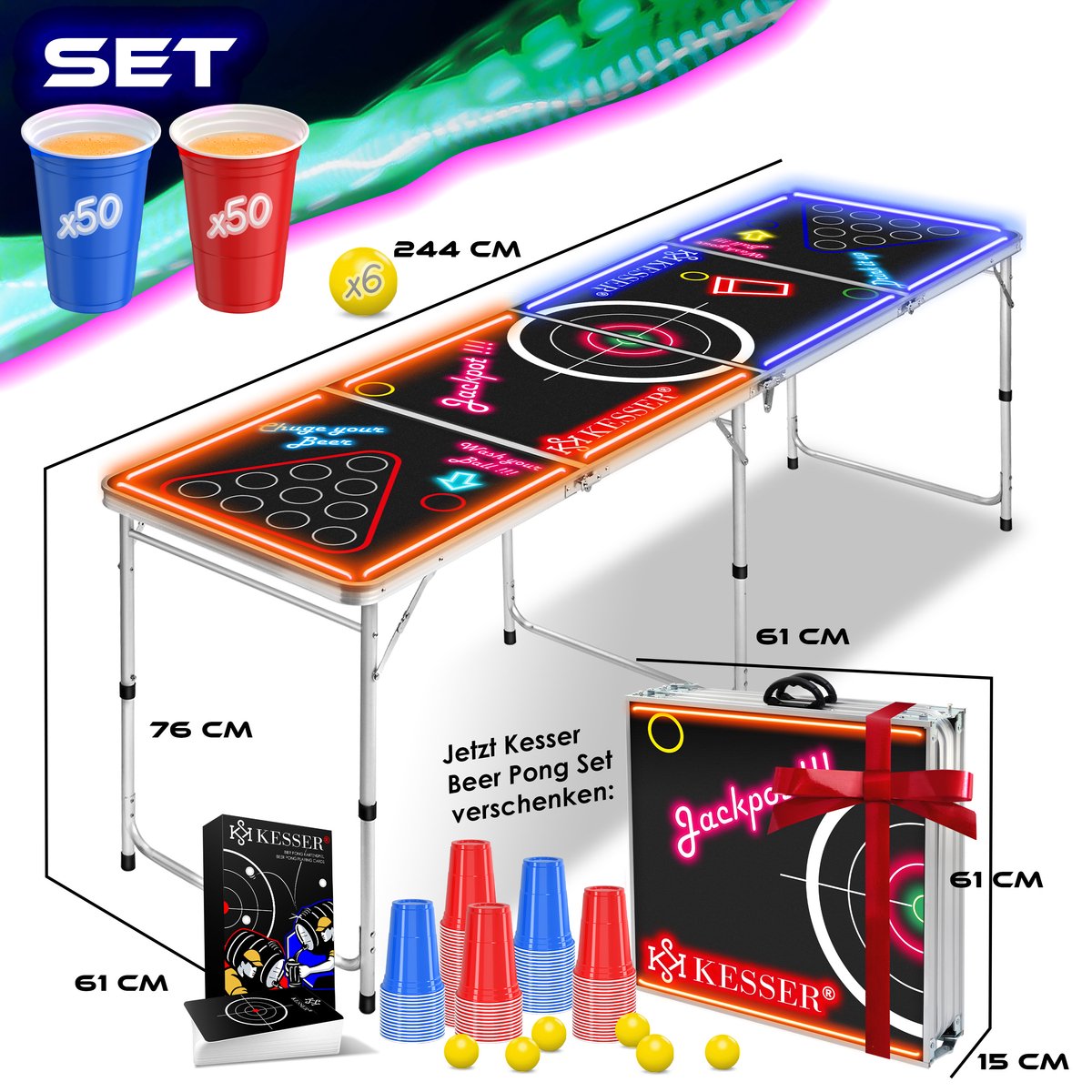KESSER® LED Beerpong Tafel - Bierpong Tafel - Verstelbaar - Opvouwbaar