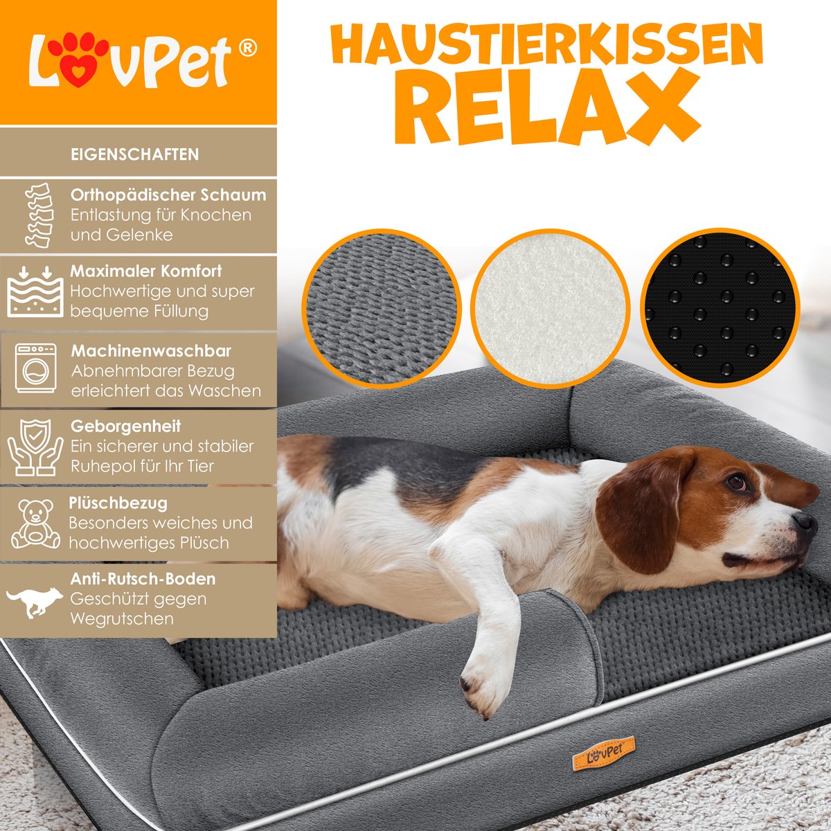 LovPet® Hondenmand Orthopedisch Hondenbed Hondenkussen Relax, Inclusief Kom + 3X Kauwbotten, Hondenbank voor Kleine, Middelgrote & Grote Honden, Hoes Afneembaar en Wasbaar - M (91 x 71 x 25 cm), Antraciet