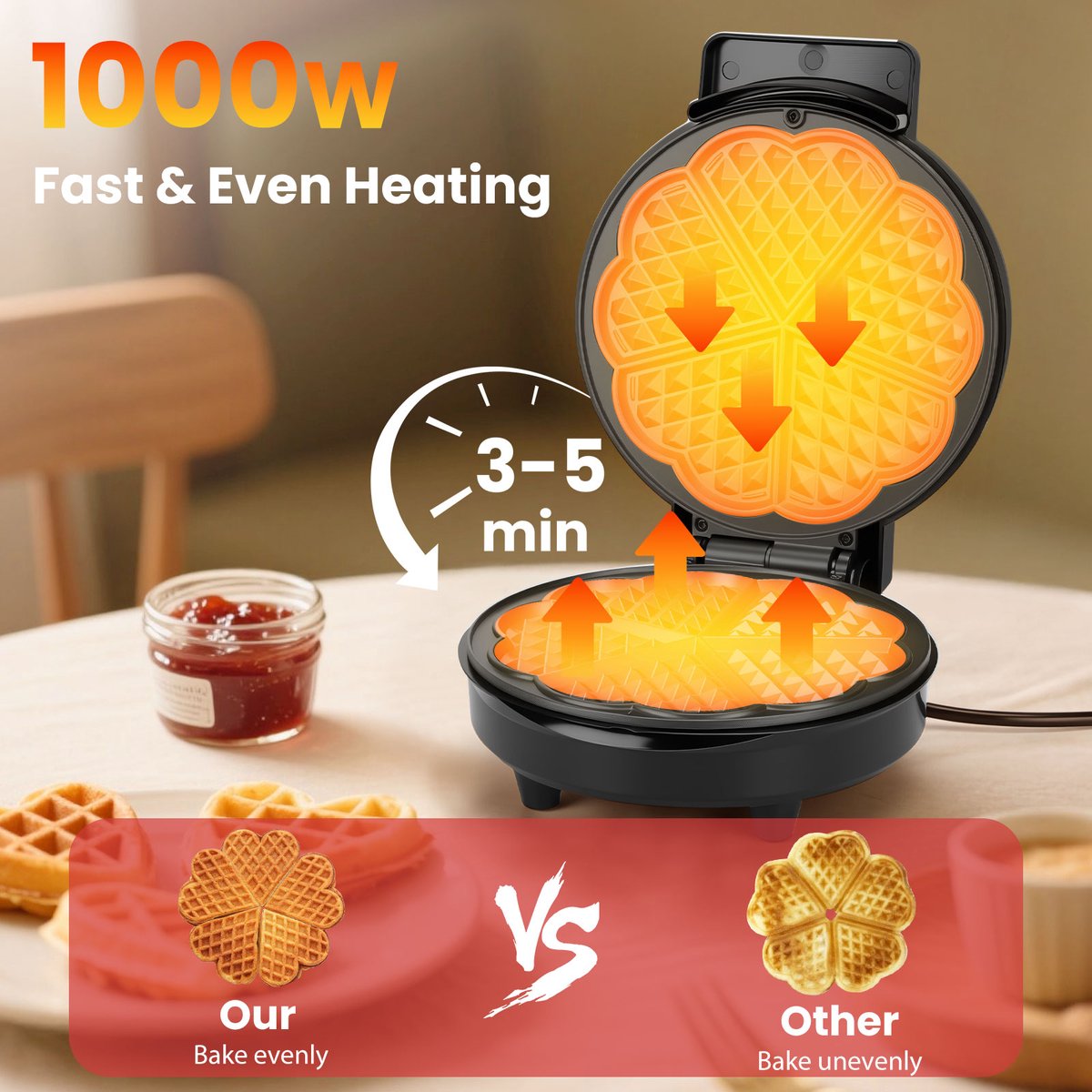 Aigostar Wafelijzer hartvorm- Met Regelbare Temperatuur - 1000W - Zwart - RVS - Crunchy