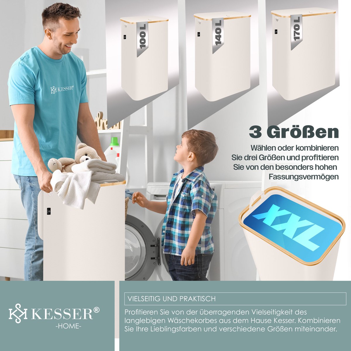 KESSER® Wasmand met Deksel - 3 Waszakken - 170 Liter - Beige