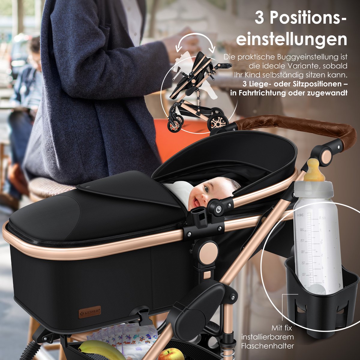 Kinderwagen 3 in 1 - Buggy - Wandelwagen - Kinderbuggy - Champagne - KESSER®