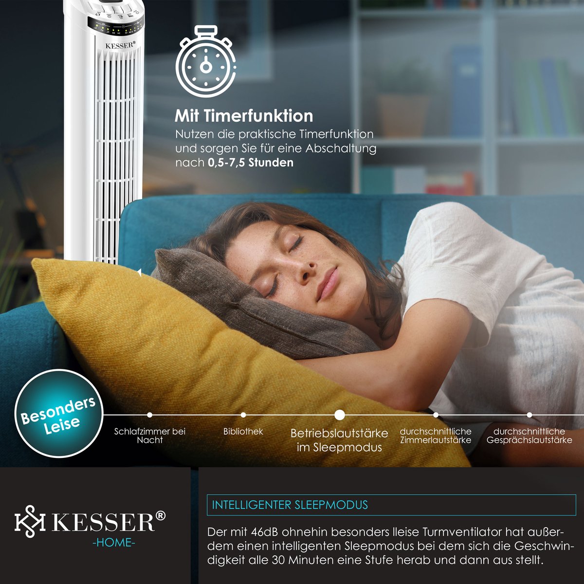 KESSER® Torenventilator - Fluisterstil - Oscillatie - Wit •