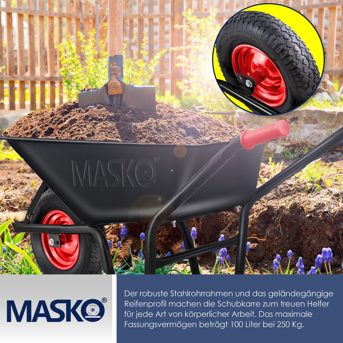 MASKO® Kruiwagen - 100L - Tot 250kg - Zwart