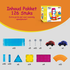 Magnetic Tiles Racebaan - 126 Stuks - Magnetisch Speelgoed - Magnetische Tegels - Educatief & Constructie - Auto's - Montessori - Bouwstenen - Bouwblokken - Voor 3, 4, 5, 6, 7, 8, 9 Jaar - Bouw je Magna Wereld - Kinderen - Olvy