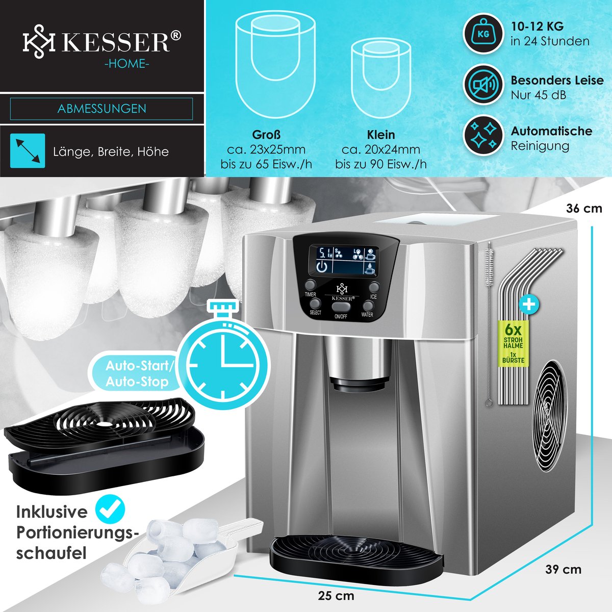 IJsblokjesmachine – 12kg/24 uur – IJsmachine - IJsblokjesmaker - Grijs - KESSER®