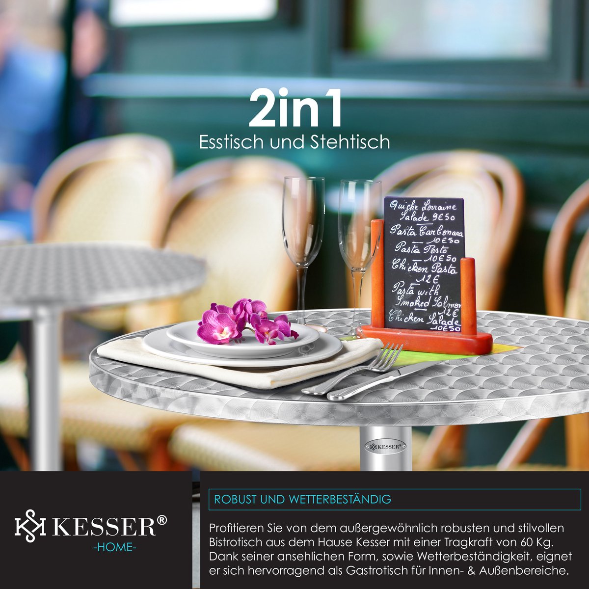 KESSER® bartafel bistrotafel 2in1 aluminium roestvrij stalen blad | in hoogte verstelbaar | 70cm / 115cm | partytafel tafel Ø 80cm | binnen & buiten | bruiloft | receptietafel | 4 poten - Zilver