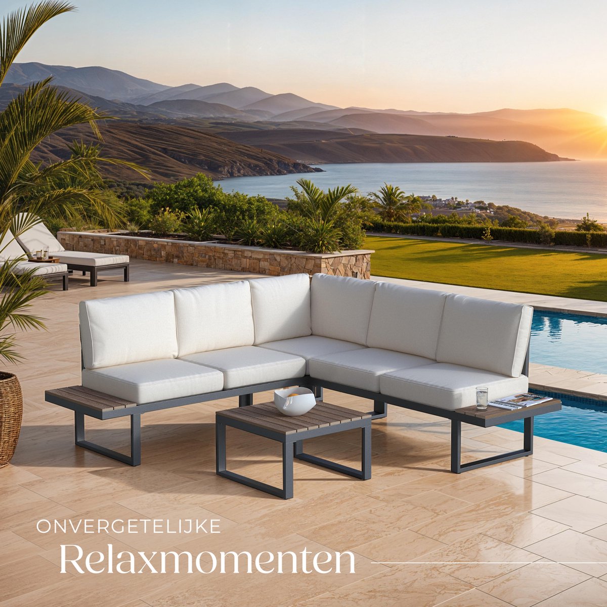 tectake® Tuinset Eilar - 4-Delige Loungeset - Weerbestendige Hoekbank met Aluminium Frame en Houtlook Zijtafeltjes - Tuintafel - Verstelbare Rugleuning - Te Gebruiken als Ligbed - Tuinmeubelset met Kussens - Ideaal voor tuin, balkon en terras