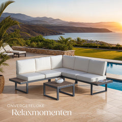 tectake® Tuinset Eilar - 4-Delige Loungeset - Weerbestendige Hoekbank met Aluminium Frame en Houtlook Zijtafeltjes - Tuintafel - Verstelbare Rugleuning - Te Gebruiken als Ligbed - Tuinmeubelset met Kussens - Ideaal voor tuin, balkon en terras