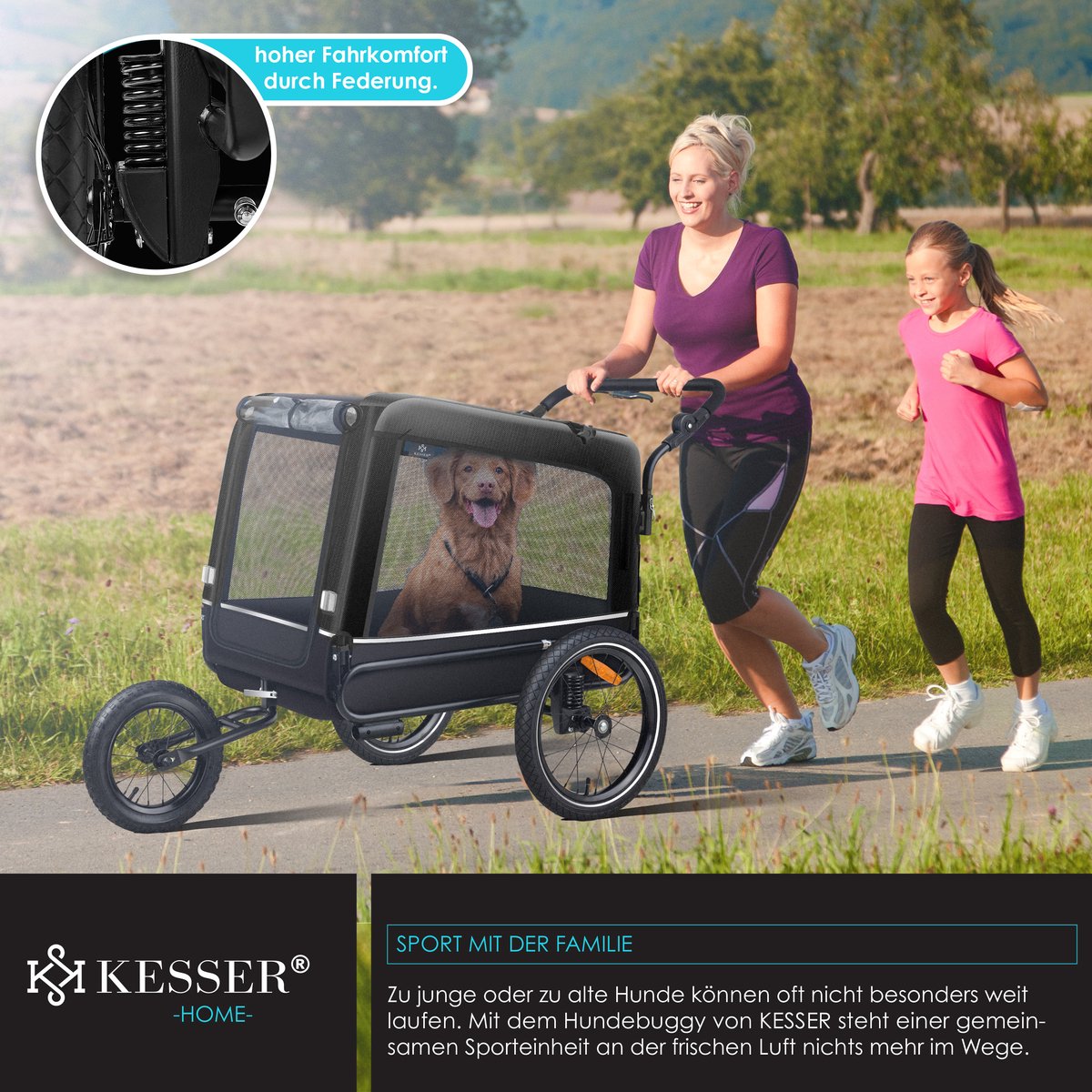KESSER® Hondenfietskar tot 40 kg 3in1 Hondenbuggy - Fietskar Hond Jogger - Zwart