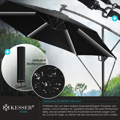 KESSER® Zweefparasol - LED Solar - 350cm x 350cm - Tuinparasol - Zwart •