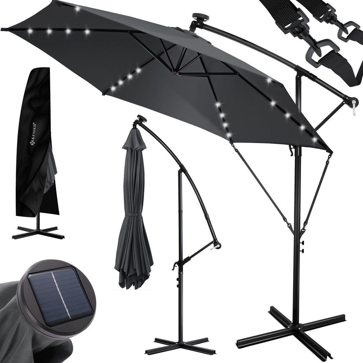 KESSER® Zweefparasol met voet - LED - Ø 3m - 360° Draaibaar  - Antraciet •