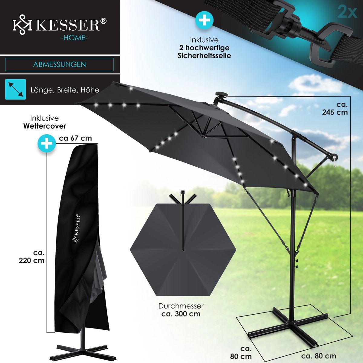 KESSER® Zweefparasol met voet - LED - Ø 3m - 360° Draaibaar  - Antraciet •