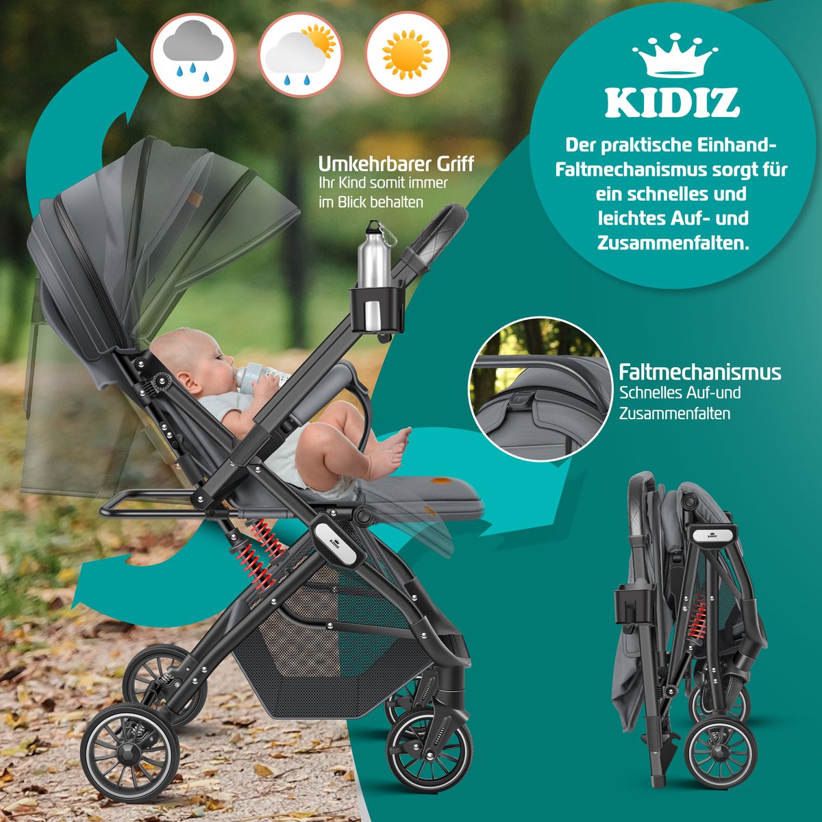 KIDIZ® Buggy 3 in 1 Kinderwagen Inklapbaar met voetenzak Baby Plooibuggy Wandelwagen inclusief Bekerhouder, regenhoes & klamboe Reisbuggy - Antraciet / Zwart