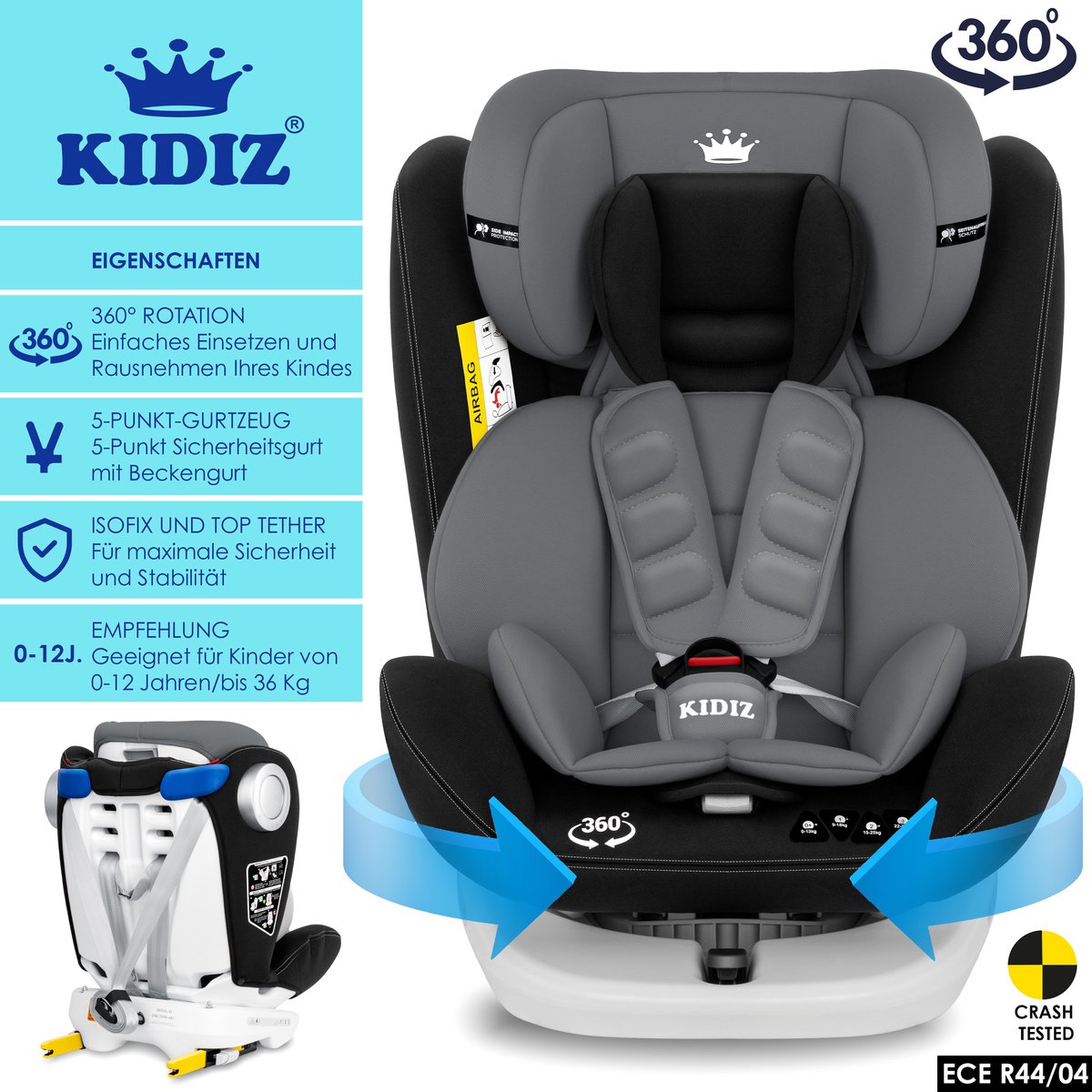 KIDIZ® Autostoeltje Isofix - 360° draaibaar - Zwart