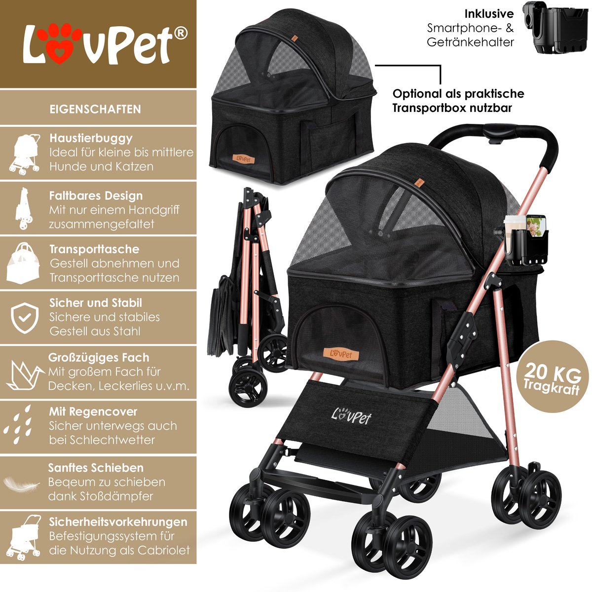 LOVPET® Hondenbuggy 2in1 Huisdieren - Wandelwagen - Zwart