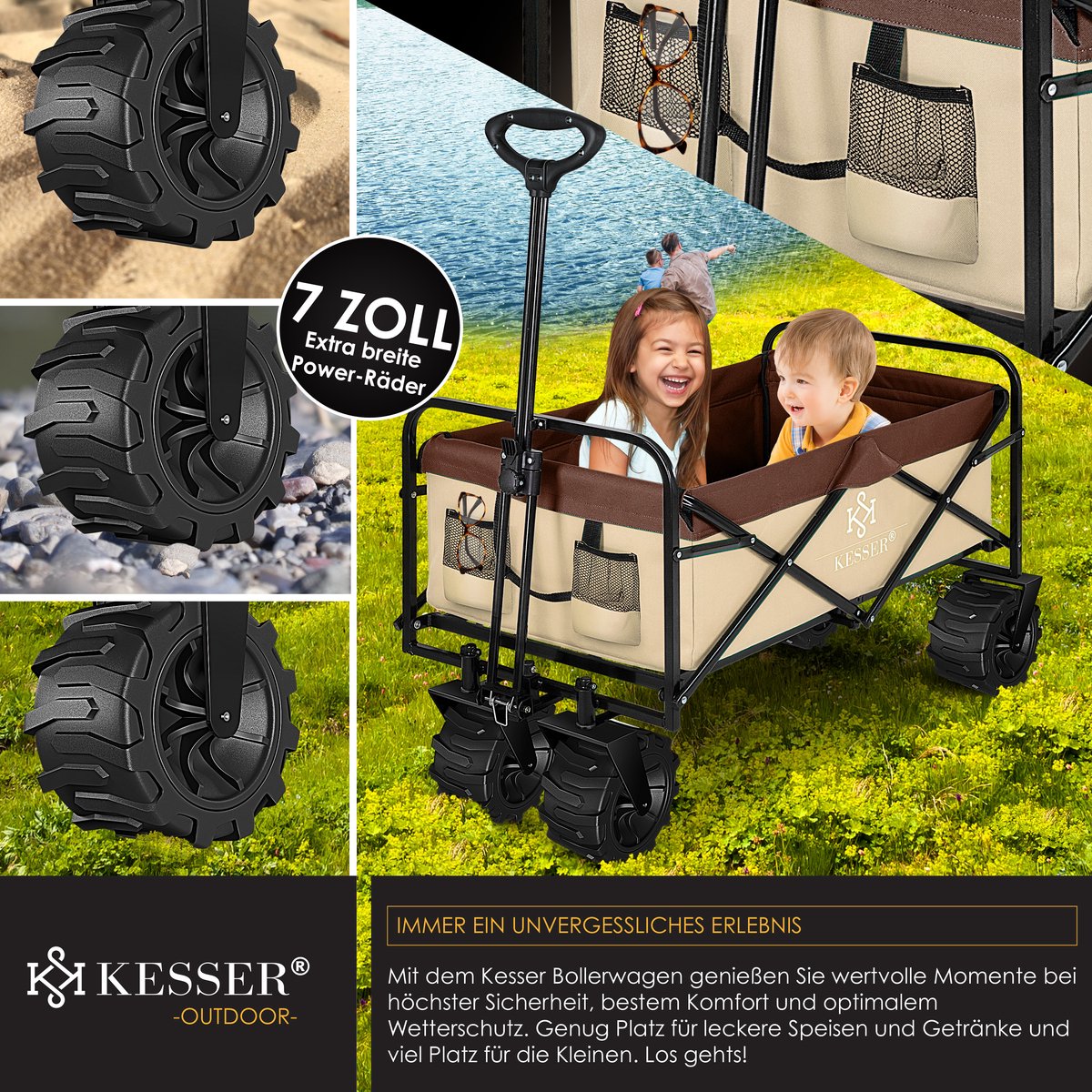KESSER® Bolderkar opvouwbaar Bolderwagen tot 120 kg draagvermogen - Strandkar Transportkar - Beige