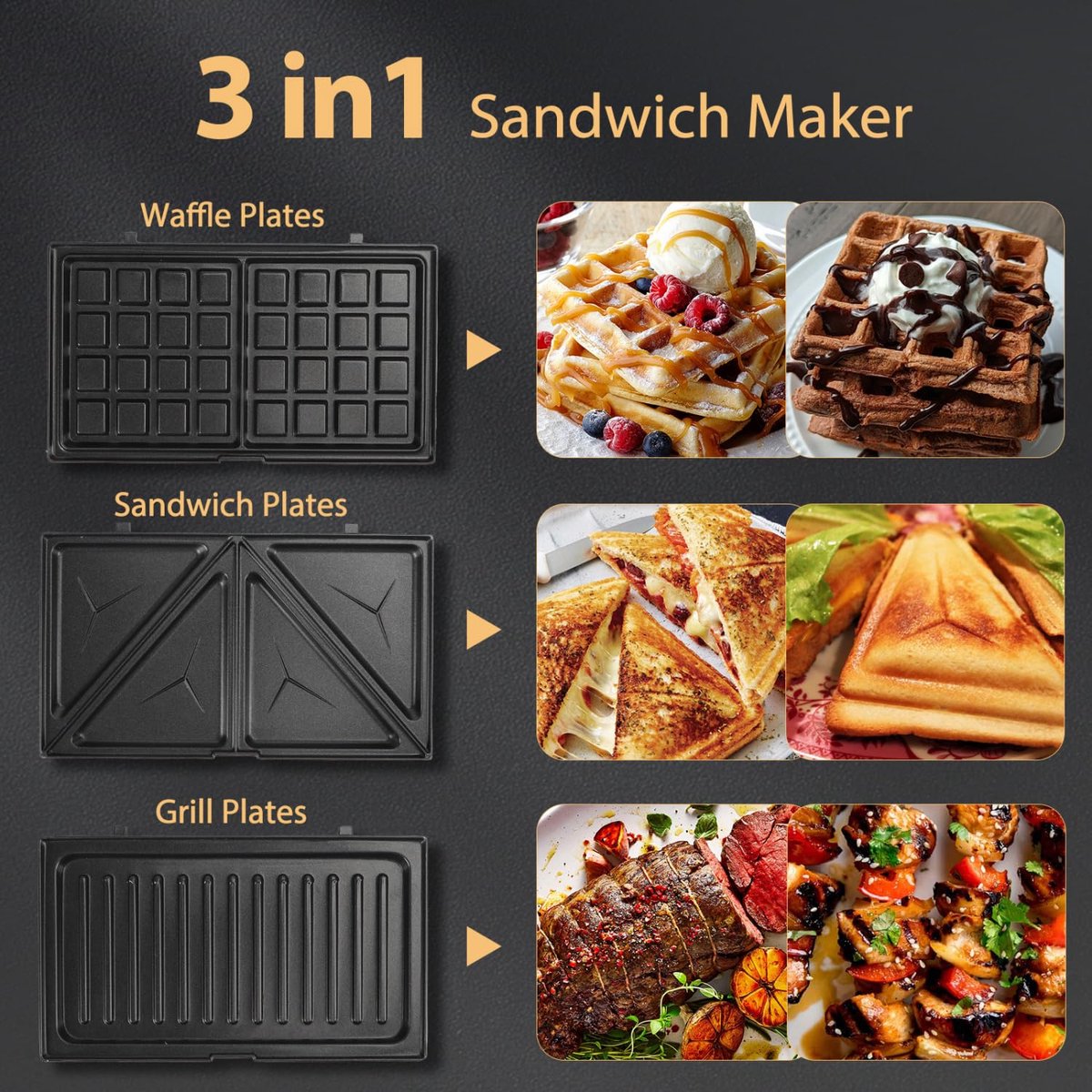Aigostar 301IO Grace - Tosti ijzer - 3 in 1 Wafelijzer - Tosti Apparaat - Contact Grill - 750W - Grijs