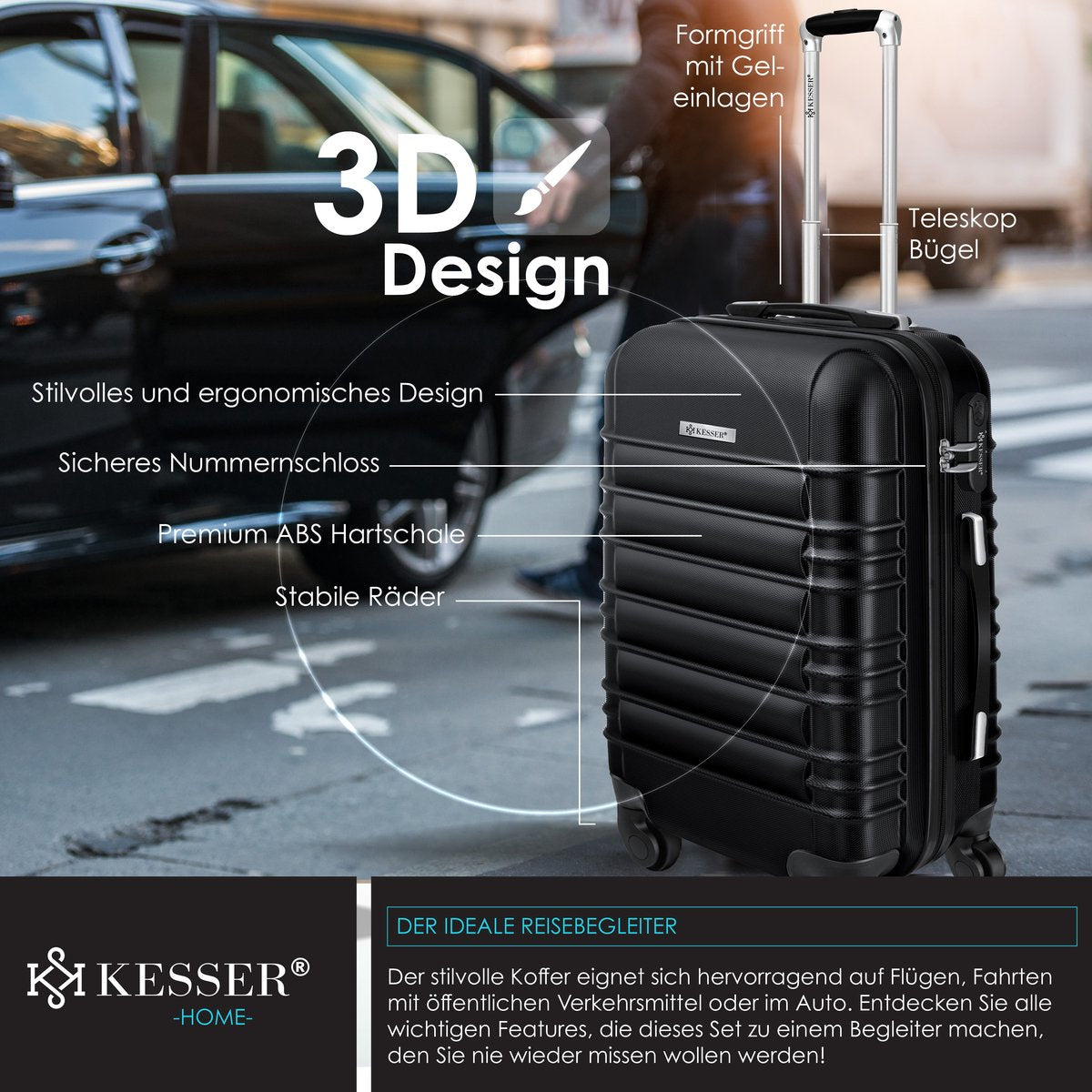 KESSER® Reiskoffer - 55L - Handbagage - ABS - Zwart