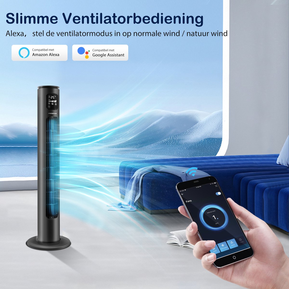 Aigostar Ross Smart - Torenventilator - Oscillerende Kolomventilator - Afstandsbediening & App Bediening - LED Scherm - 24-uurs Timer - Ventilatoren Staand - 50W - Zwart