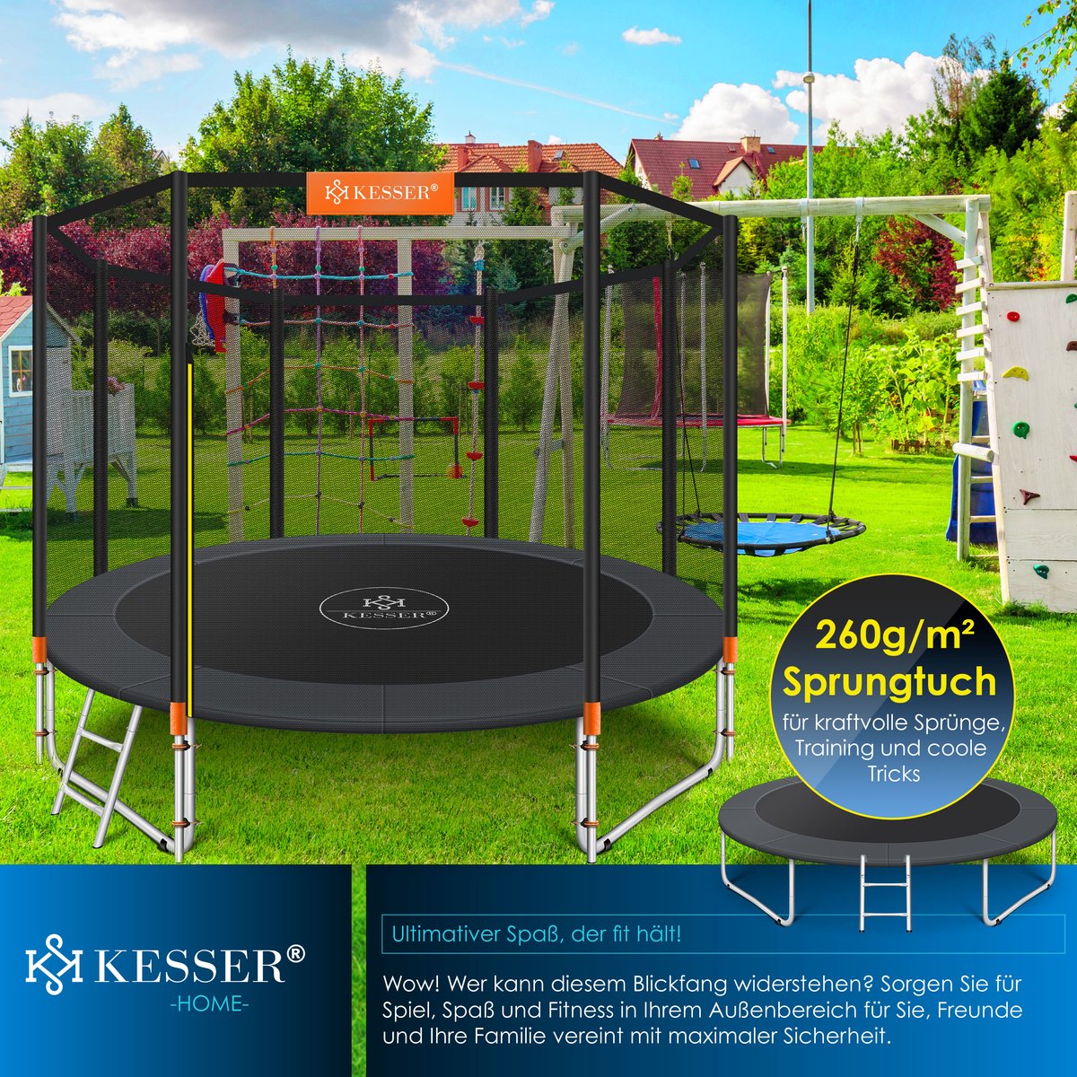 KESSER® Trampoline 305 cm - Veiligheidsnet en Ladder - tot 150 kg belasting - Oranje
