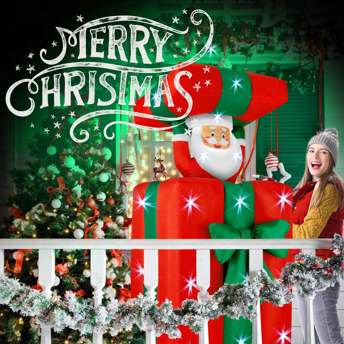 KESSER® Opblaasbare Kerstman pop LED Kerstverlichting - Cadeau Kerstman 152cm Lang Springt-uit-de-Doos Kerstmis LED Verlicht Deco incl. Bevestigingsmateriaal Kerstdecoratie Kerstversiering - 152cm