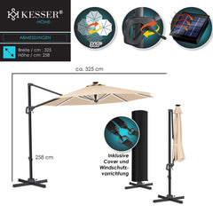 KESSER® Zweefparasol met voet - LED - Ø 3.3m - 360° Draaibaar  - Beige