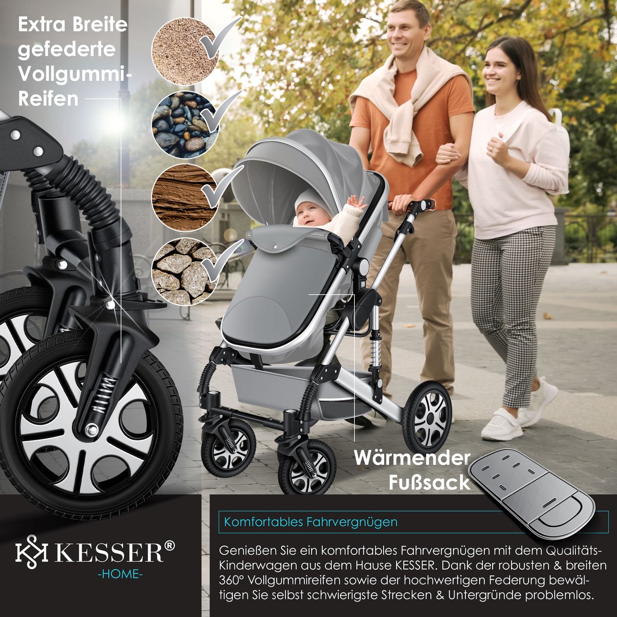 Kinderwagen 3 in 1 - Buggy - Wandelwagen - Kinderbuggy - Grijs - KESSER® •