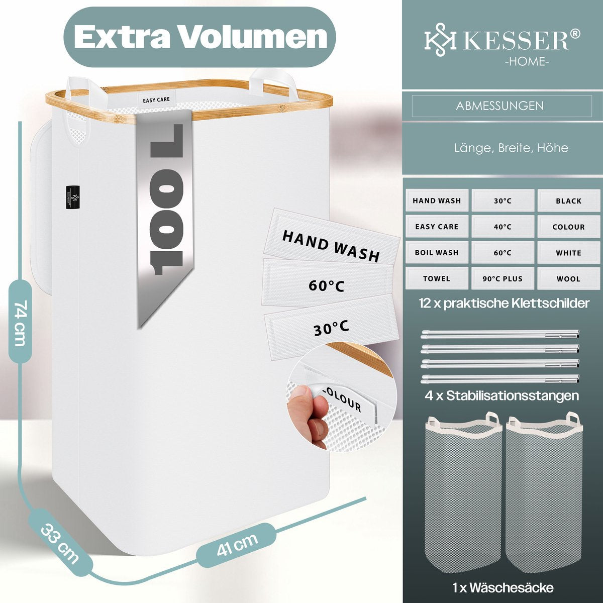 KESSER® Wasmand met Deksel - 100 Liter - Wit