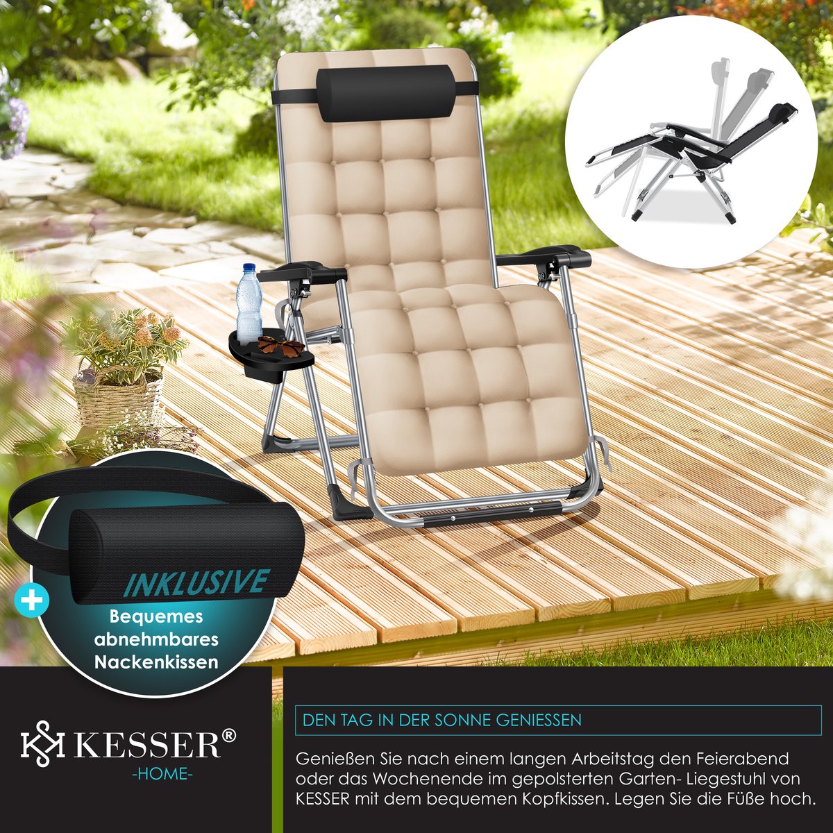 KESSER® Ligstoel Opvouwbaar Met Drinkhouder Tuinstoel Met Kussen, Ligbed, Extra Grote Tuinligstoel, Verstelbare Rugleuning Tuinligstoel Met Kussensteun - Beige
