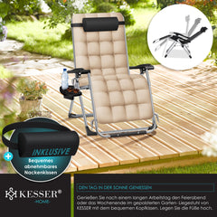 KESSER® Ligstoel Opvouwbaar Met Drinkhouder Tuinstoel Met Kussen, Ligbed, Extra Grote Tuinligstoel, Verstelbare Rugleuning Tuinligstoel Met Kussensteun - Beige