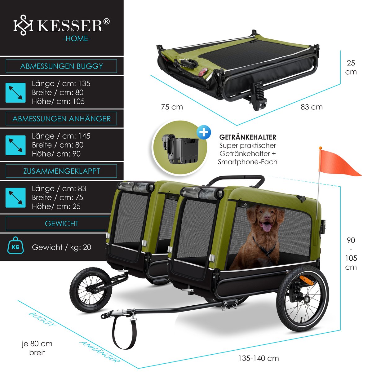 KESSER® Hondenfietskar tot 40 kg 3in1 Hondenbuggy - Fietskar Hond Jogger - Khaki