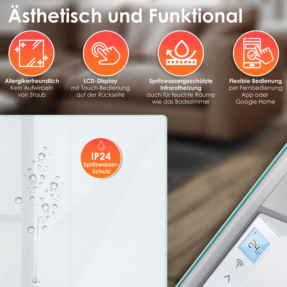 KESSER® Infrarood Kachel 500W Elektrische Verwarmingspaneel - Infraroodverwarming Energiebesparing 2-in-1 Staande & Muurmontage Verwarming met Thermostat + open raam detectie + Afstandsbediening & APP-bediening - Wit