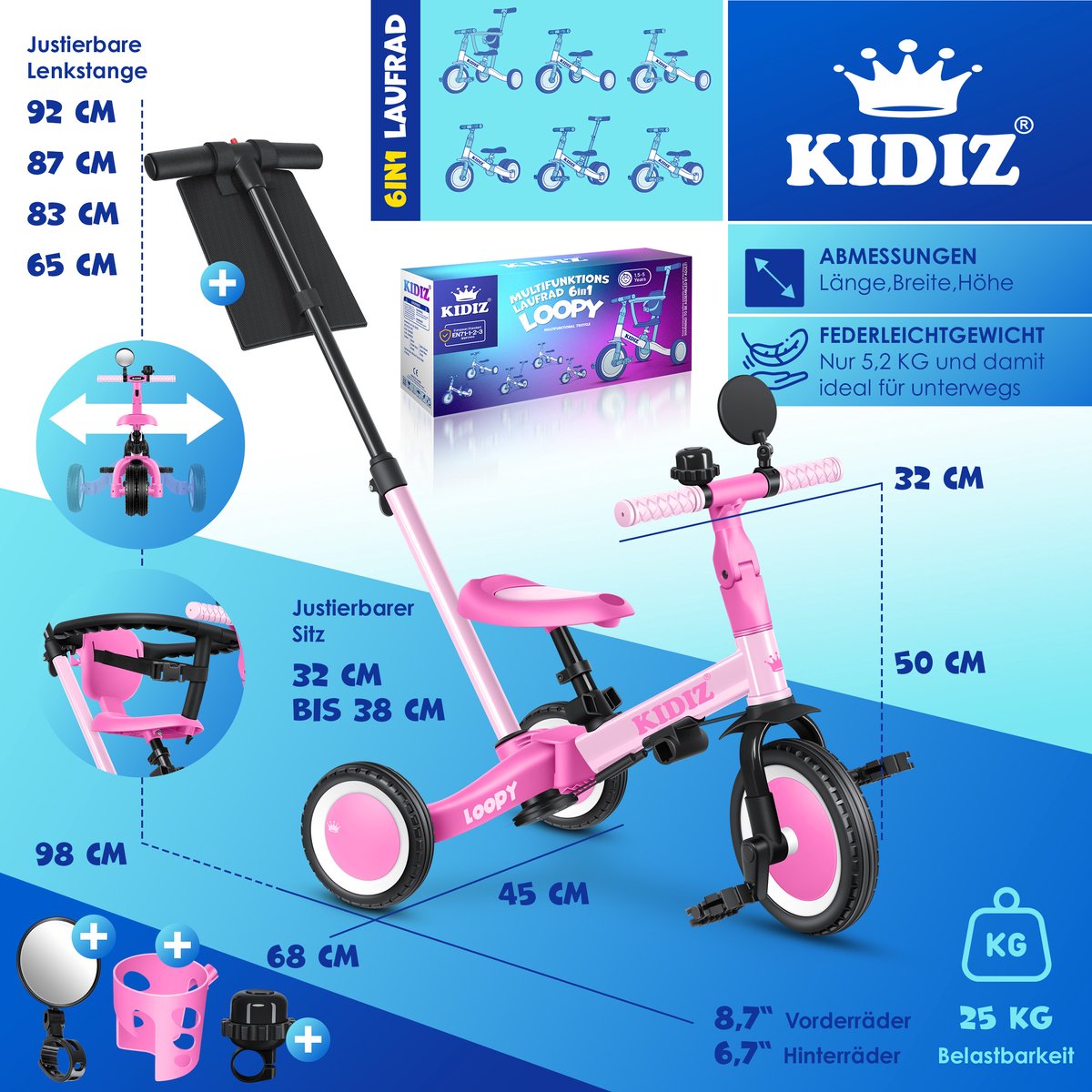 KIDIZ® Loopfiets 6in1 - Driewieler - Kinderfiets - 1-5 Jaar - Roze