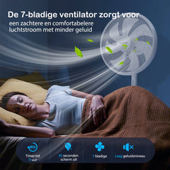 Aigostar Statiefventilator Sedate - Staande ventilator-Afstandsbediening-Timer- Stille Werking -3 snelheden- In hoogte verstelbaar - 7 bladen - 45W - Wit •