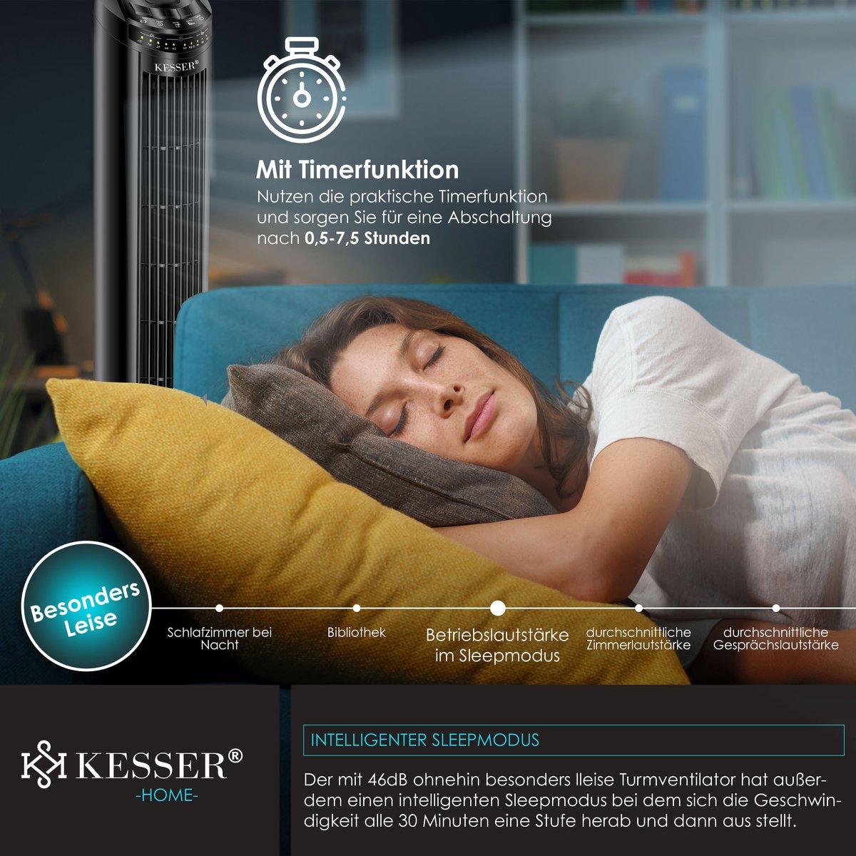 KESSER® Torenventilator - Fluisterstil - Oscillatie - Zwart •