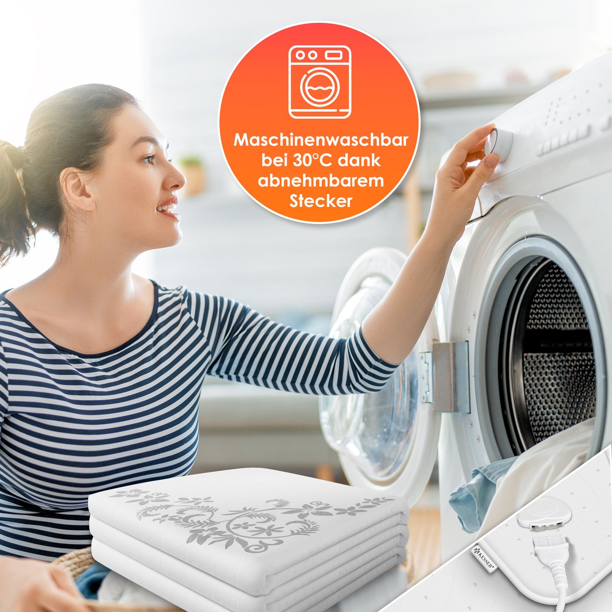 KESSER® Elektrische Onderdeken Warmtedeken met automatisch uitschakelende afstandsbediening | warmte deken met 3 temperatuurstanden | voor matrasverwarming | van zacht fleece - Wit met motief (160 cm x 140 cm)