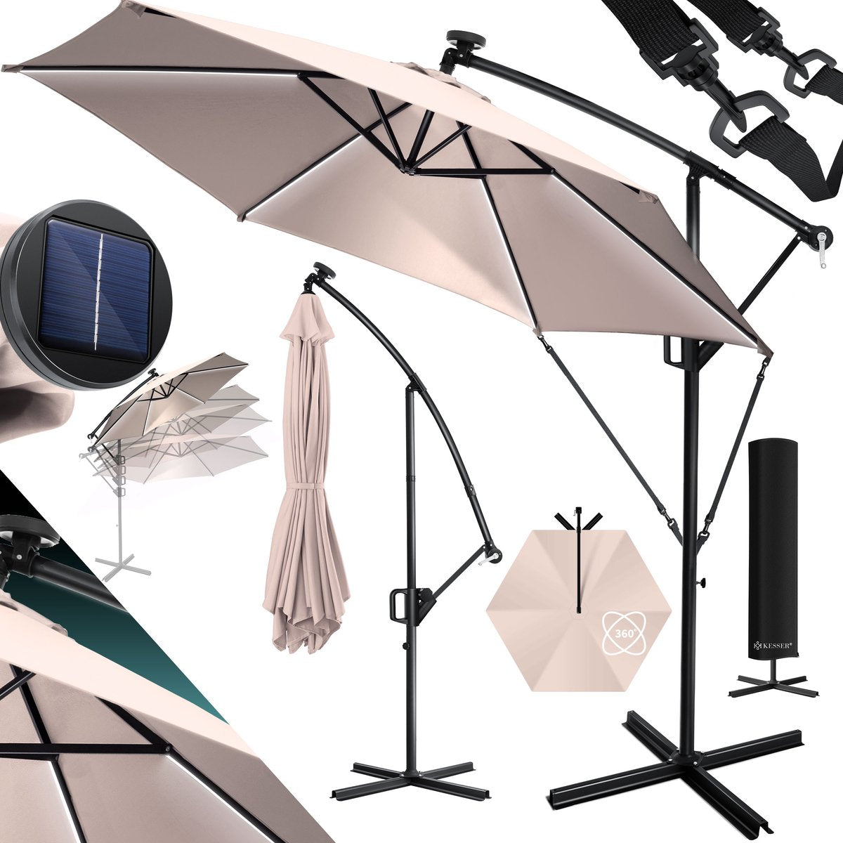 Zweefparasol - Tuinparasol - Parasol 300 cm - Met voet - Met Parasolhoes - Taupe - KESSER®