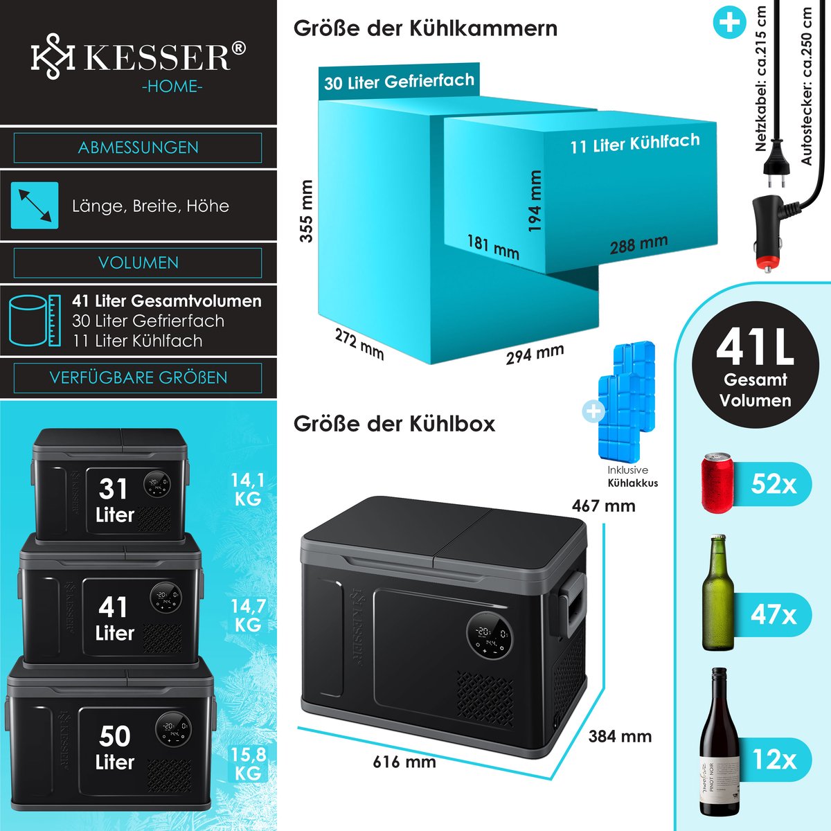 KESSER® Elektrische Koelbox - Compressor - tot -20°C - 40L - Zwart